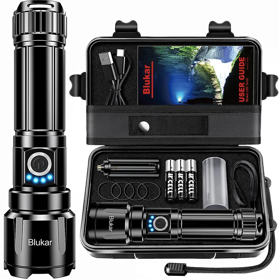 Blukar Taschenlampe LED, aufladbar, extrem hell, zoombar