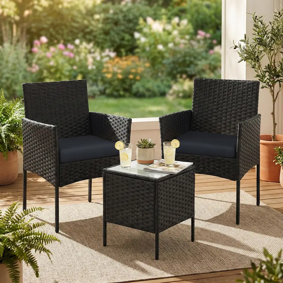 SONGMICS Balkon- und Gartenmöbel Set mit Tisch und 2 Stühlen, PE-Polyrattan