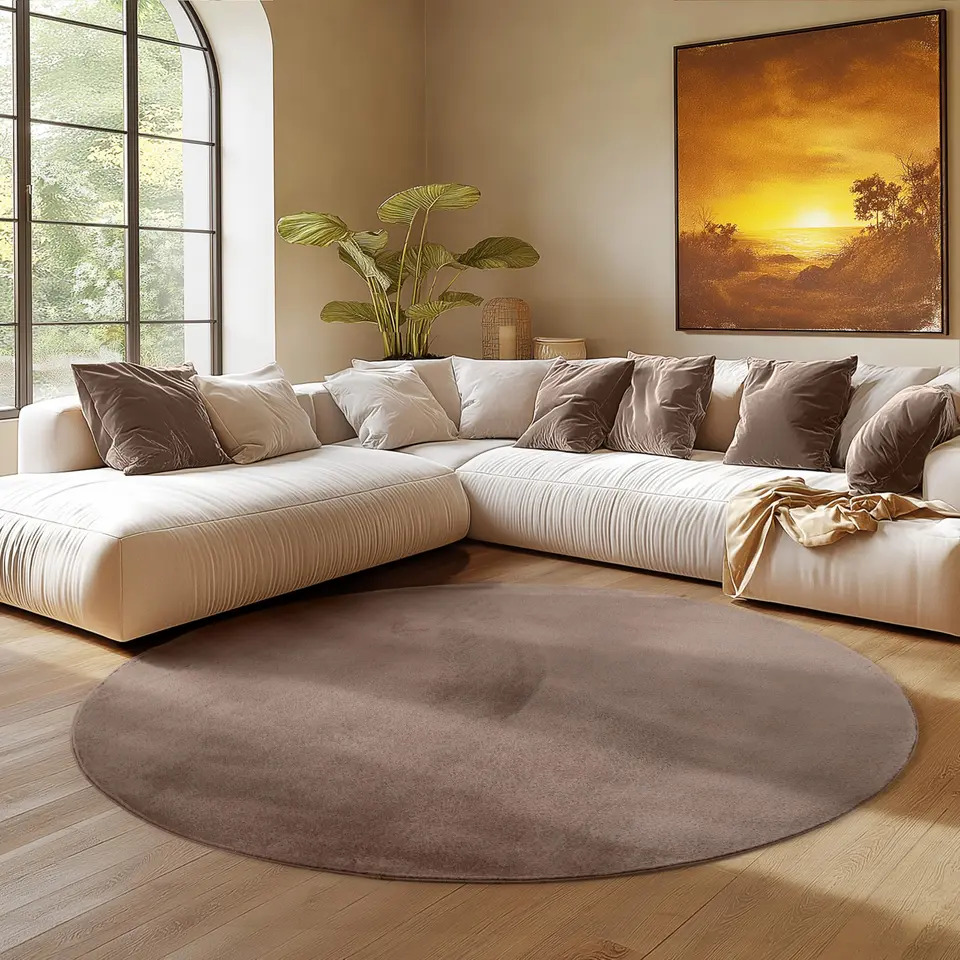 SIMPEX runder brauner Teppich 80 cm, waschbar, rutschfest & weich, modernes einfarbiges Design für Wohnzimmer, Schlafzimmer, Küche & Kinderzimmer
