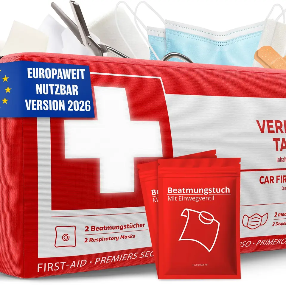 KFZ Verbandstasche nach Norm 2026 inkl. Beatmungstücher – europa-werter Erste-Hilfe-Kasten, DIN 13164:2022, StVO-konform