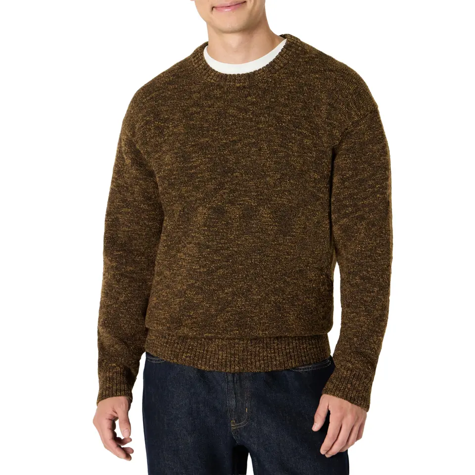 Amazon Essentials Herren Relaxed-Fit Pullover mit Rundhalsausschnitt, mehrfarbiges, schweres Material, Dunkelbraun Meliert, L
