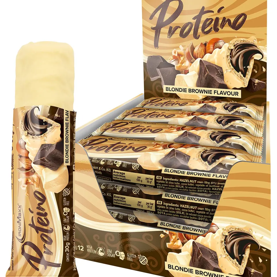 IronMaxx Proteino Proteinriegel 12x30g - Blondie Brownie | Hochproteinhafter Riegel mit cremiger Füllung auf Waffelbasis | Zuckerreduziert glutenfrei palmölfrei