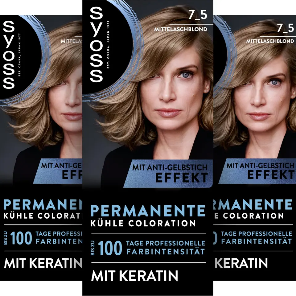 SYOSS Coloration 7_5 Mittelaschblond (115 ml) - dauerhafte Haarfarbe mit Keratin, kühler Farbton, bis zu 100 Tage, Anti-Gelbstich