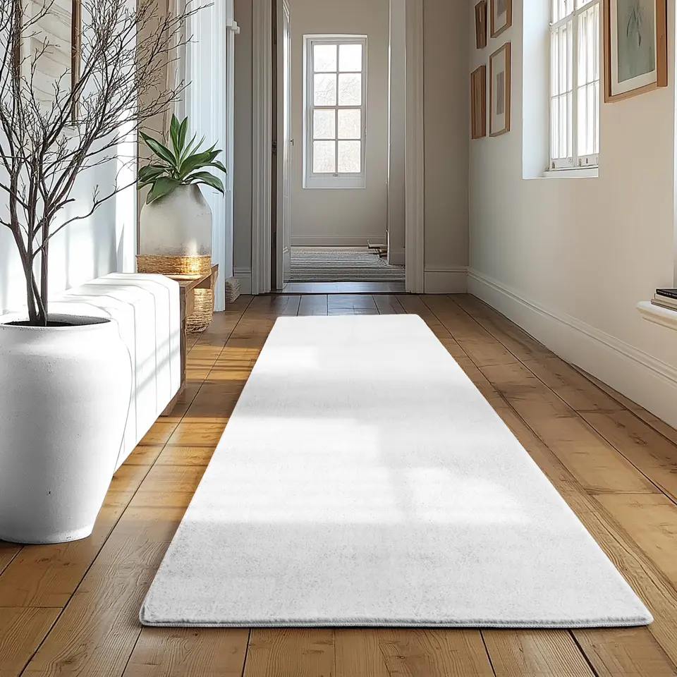 SIMPEX Läufer Weiß 80x250 cm, Waschbarer Kurzflor, Rutschfest & Weich, Modernes Einfarbiges Design für Schlafzimmer, Küche & Flur