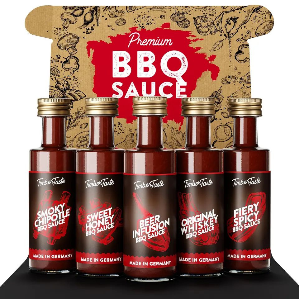 TIMBER TASTE® Premium BBQ Sauce Geschenkset Allstars – 5 Grillsoßen für Männergeschenke