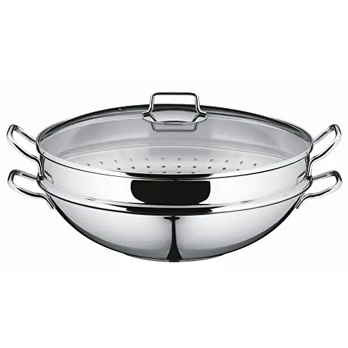 WMF Macao Wokpfanne 36 cm für Induktion, Edelstahl, mit Glasdeckel und Ablagegitter