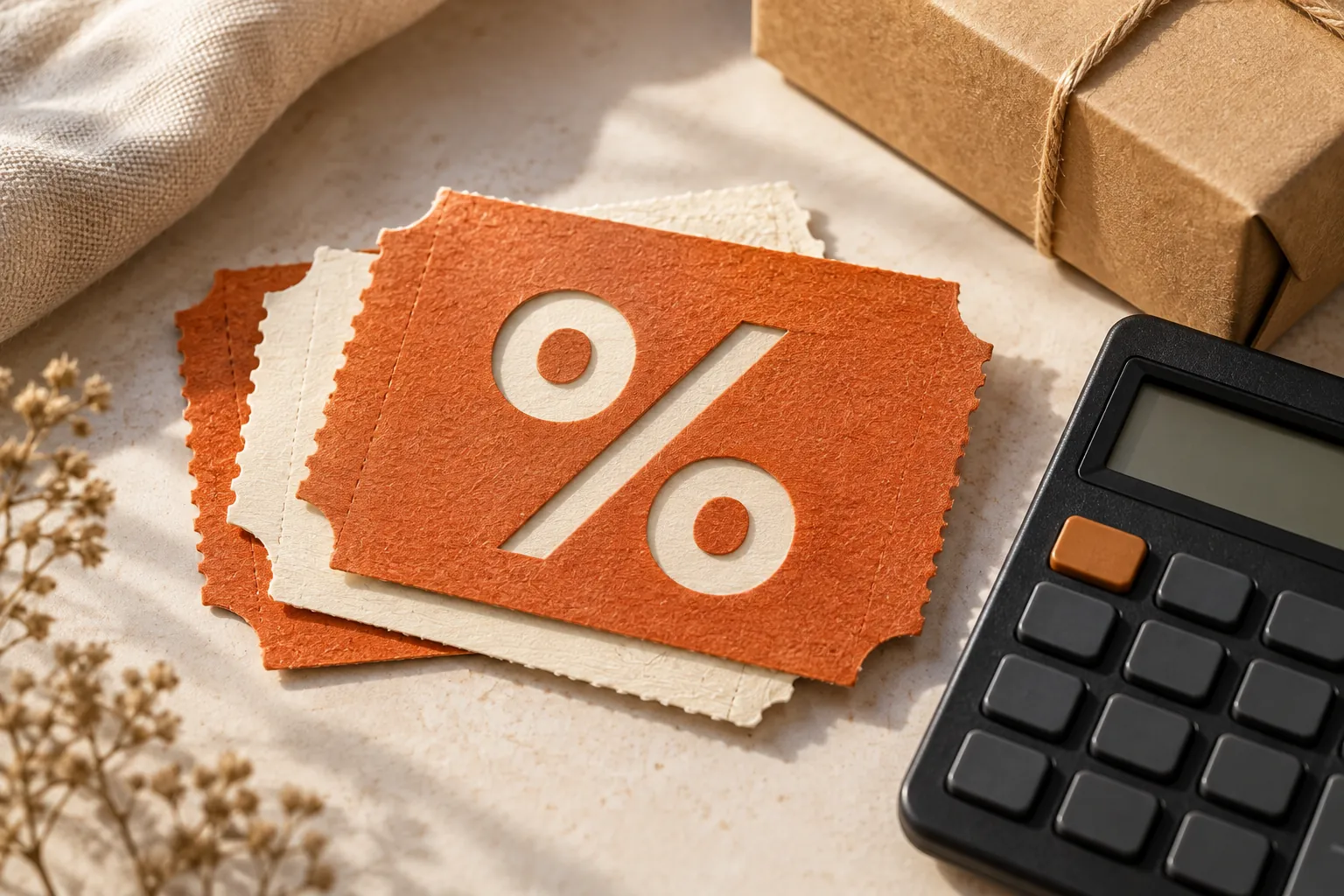 Orange und cremefarbene Rabattcoupons mit Prozentzeichen neben einem Taschenrechner.