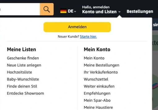 Geöffnetes Amazon-Menü Konto und Listen mit dem Eintrag Mein Spar-Abo in der rechten Spalte.