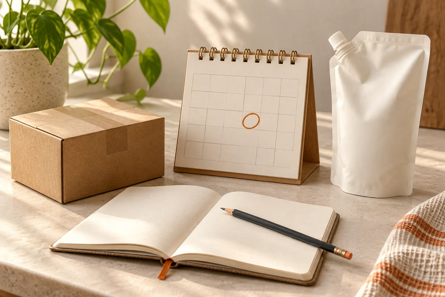 Paket und Nachfüllbeutel neben einem Kalender mit markiertem Termin und einem Notizbuch.