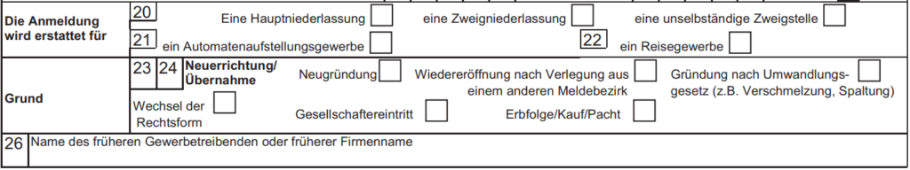 Formular GewA 1, Feld 20: Angaben zur Art der Niederlassung