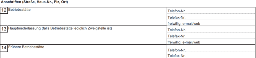 Formular GewA 1, Felder 12 bis 14: Anschrift der Betriebsstätte