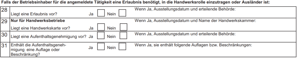 Formular GewA 1, Felder 28 und 29: besondere Angaben bei erlaubnispflichtigen Gewerben