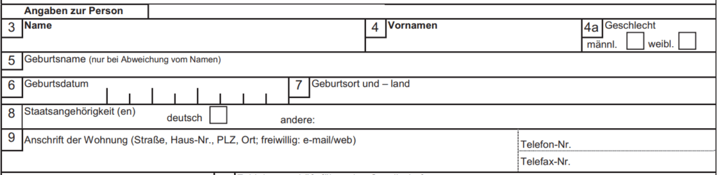 Formular GewA 1, Felder 3 bis 9: Angaben zur Person