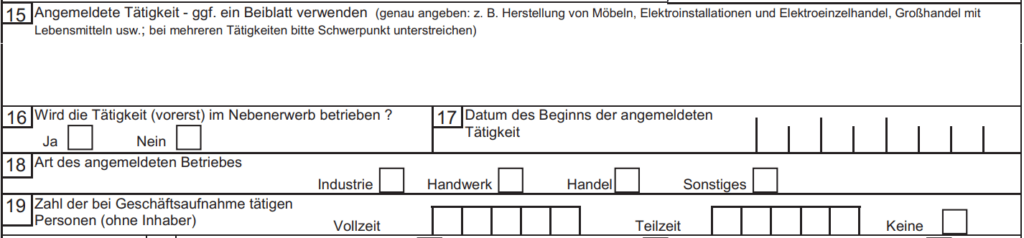 Formular GewA 1, Feld 15: Beschreibung der angemeldeten Tätigkeit