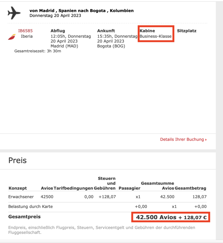 Iberia-Buchungsbestätigung für einen Business-Class-Flug von Madrid nach Bogotá für 42.500 Avios plus 128,07 Euro