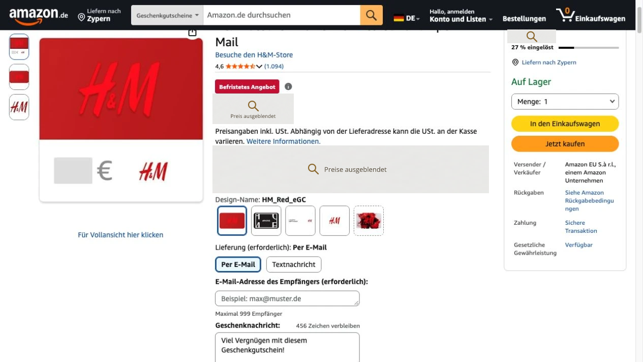 Rote H&M-E-Geschenkkarte bei Amazon mit Versand per E-Mail; Preisangaben und Betragsfelder sind verdeckt.