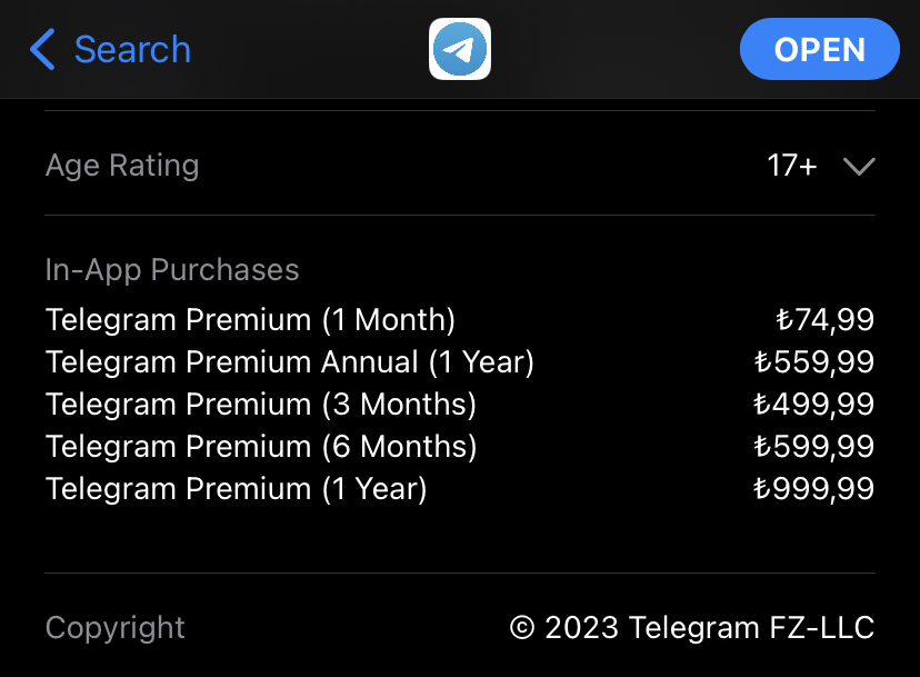 App-Store-Eintrag von Telegram mit In-App-Preisen in Türkischer Lira