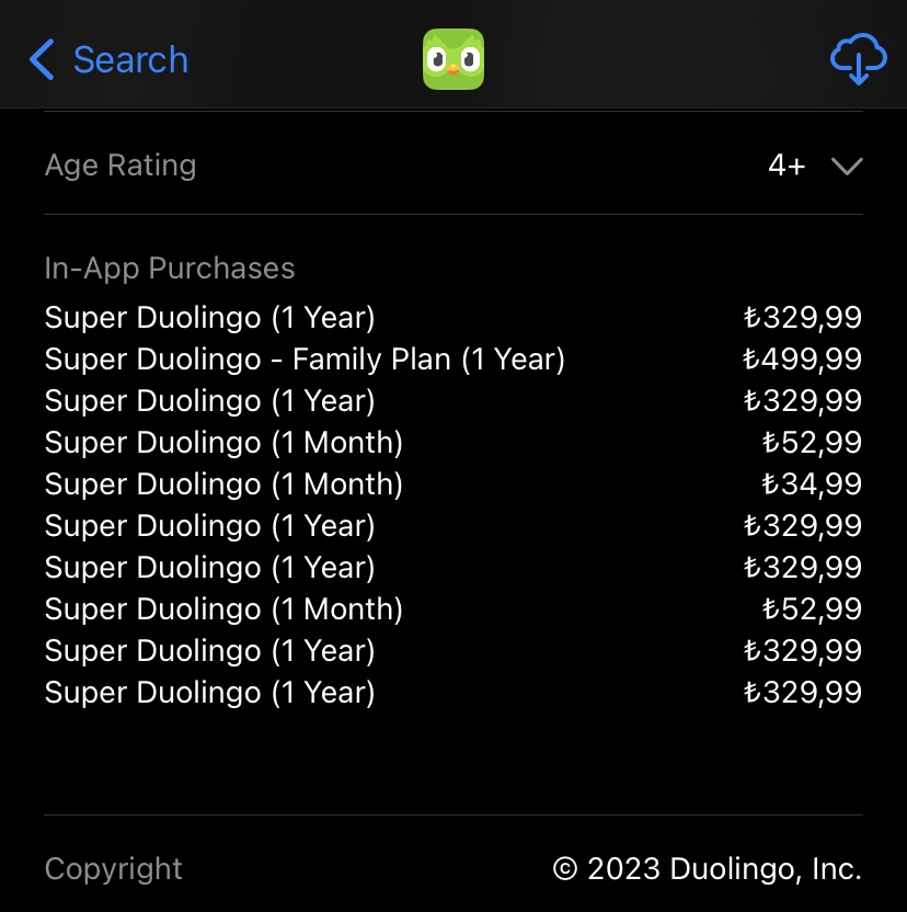 App-Store-Eintrag von Duolingo mit In-App-Preisen in Türkischer Lira