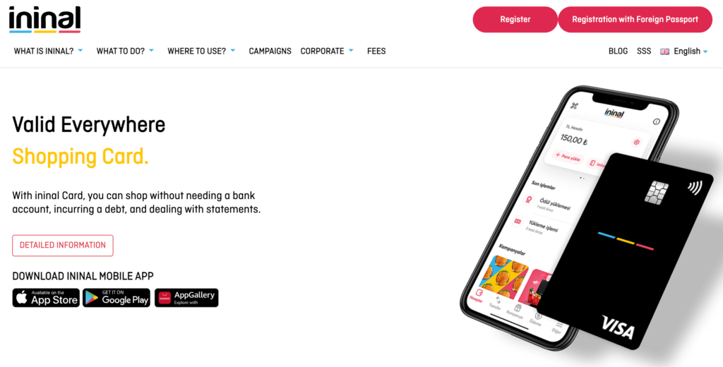 Startseite von ininal mit der türkischen Prepaid-Karte und der zugehörigen App