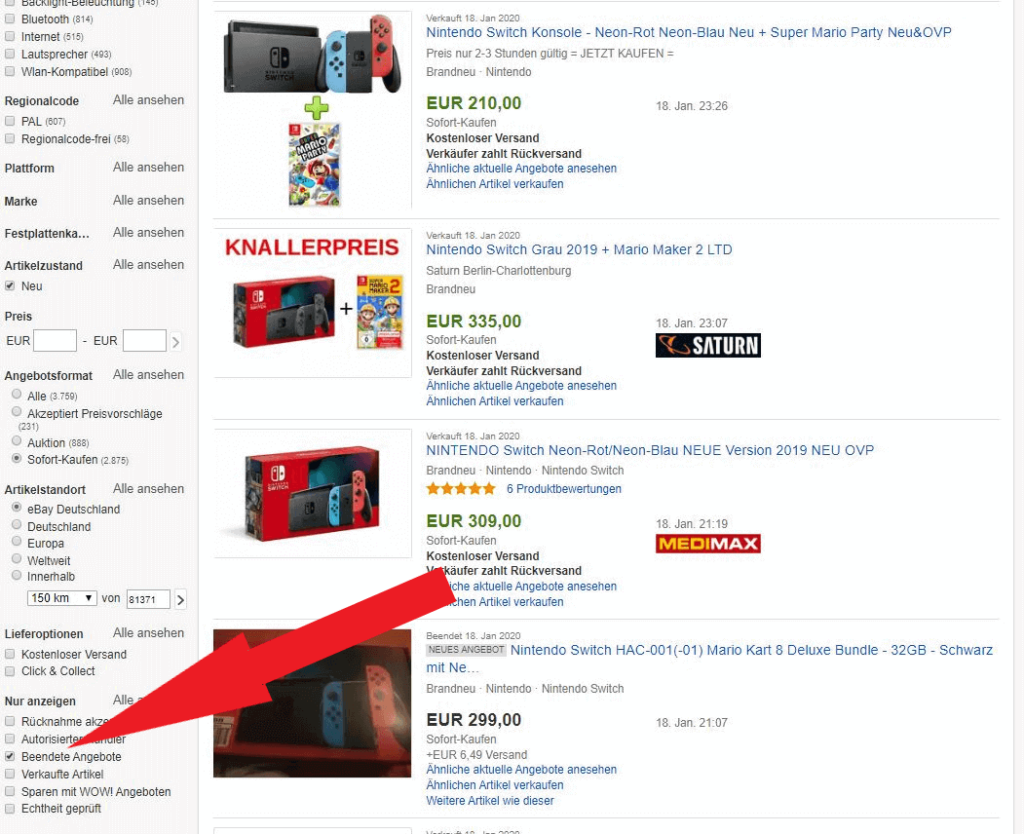 eBay-Suche mit aktiviertem Filter für beendete Angebote am Beispiel von Nintendo-Switch-Konsolen